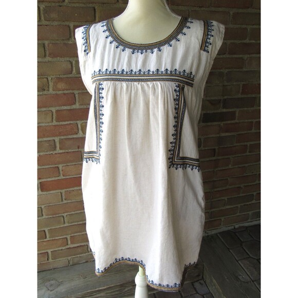 World Market Women S/M Cotton Linen Tunic Mini Dress Embroidered Boho Chic Ivory - Picture 5 of 11